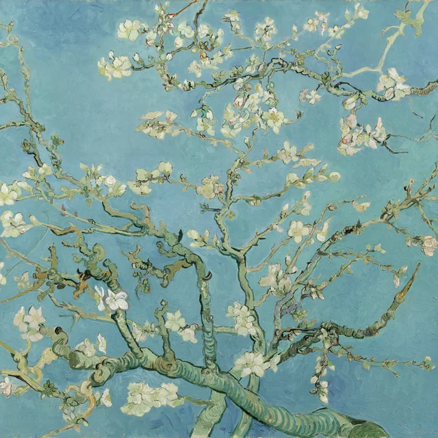 Vincent van Gogh's masterpiece Almond Blossom (1890) featuring delicate white blossom branches against a vivid turquoise sky
