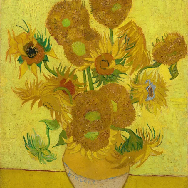 Vincent van Gogh's iconic original painting Sunflowers (1889) in radiant yellows and ochres on display at the Van Gogh Museum Amsterdam